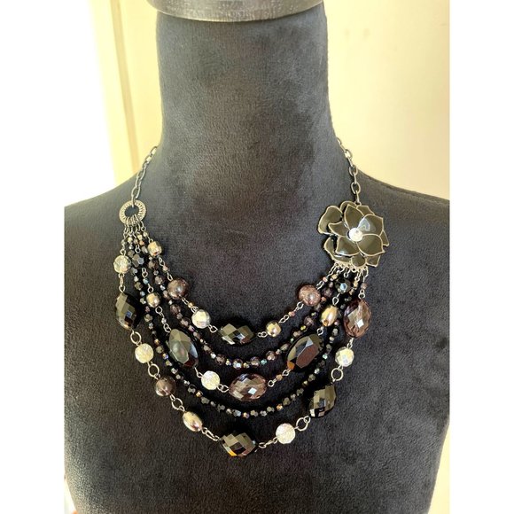 Black & Silver Sparkly Beaded Multi Layered Chunky Whimsigoth Necklace - Picture 1 of 3